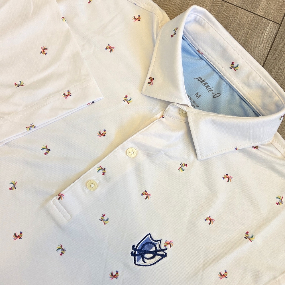 Johnnie-O Rooster Print Short Sleeve White Golf Polo Mens M Quarry At La Quinta